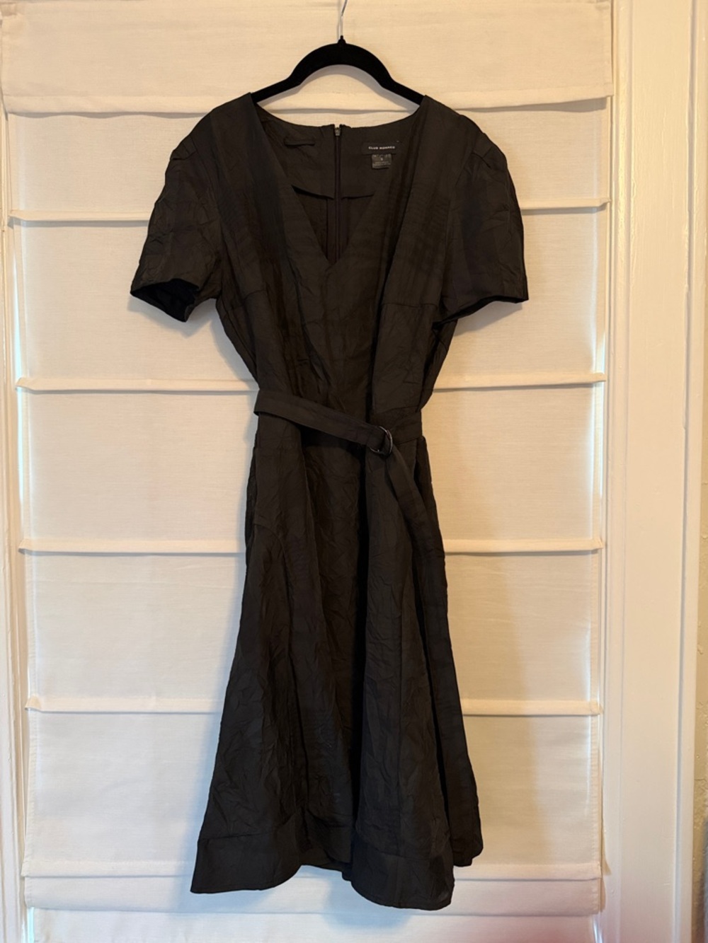 Club Monaco Black Short-Sleeve V-Neck Midi Wrap Dress with Belt